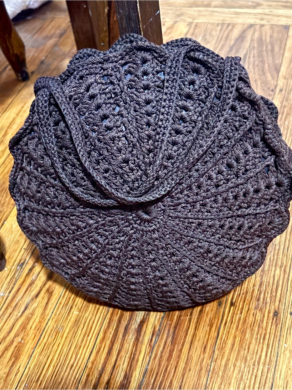 1949's Handmade Crochet Round  Bag in Dark Brown M